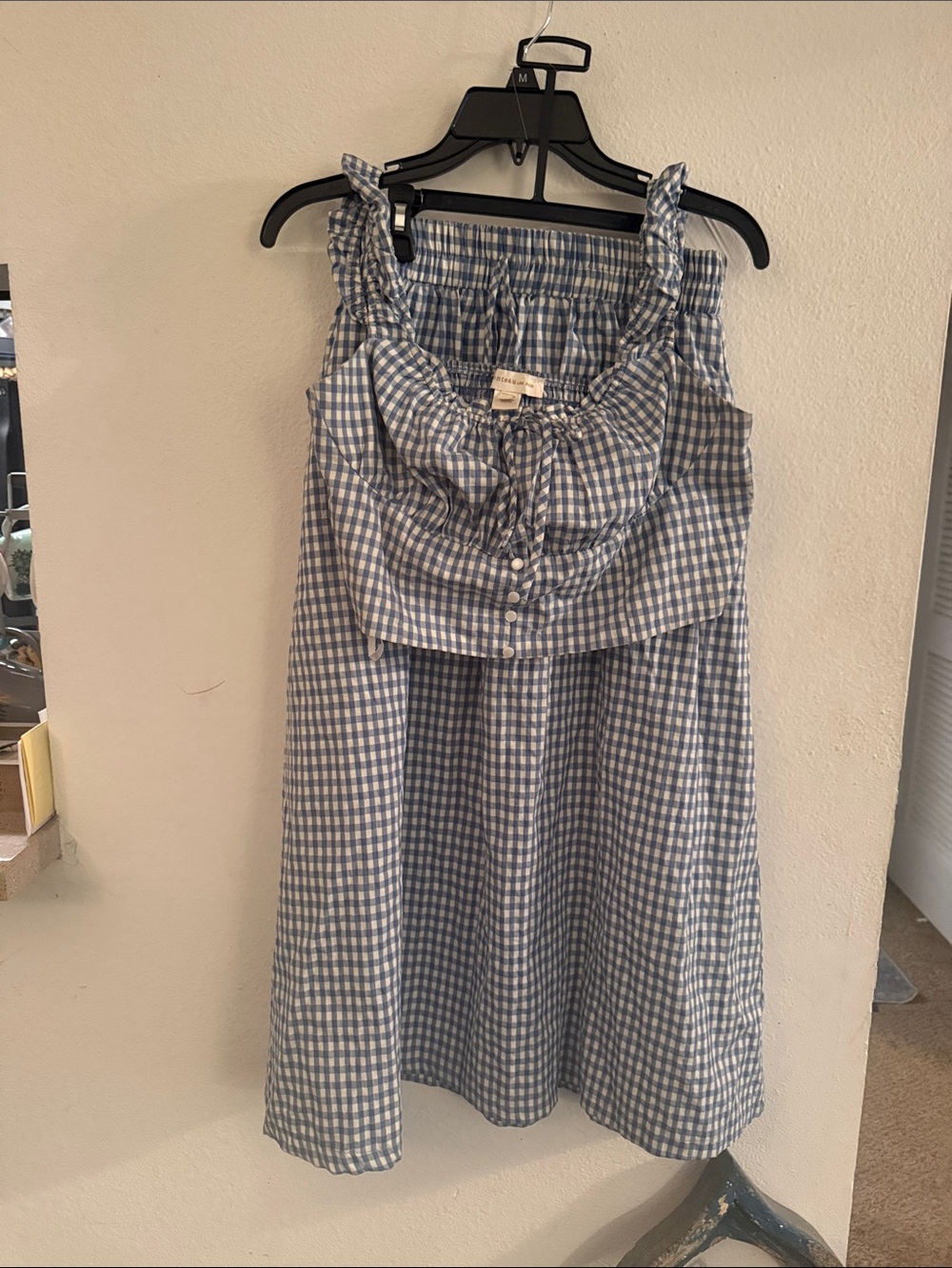 Women’s blue gingham 2 piece set with crop top and maxi skirt